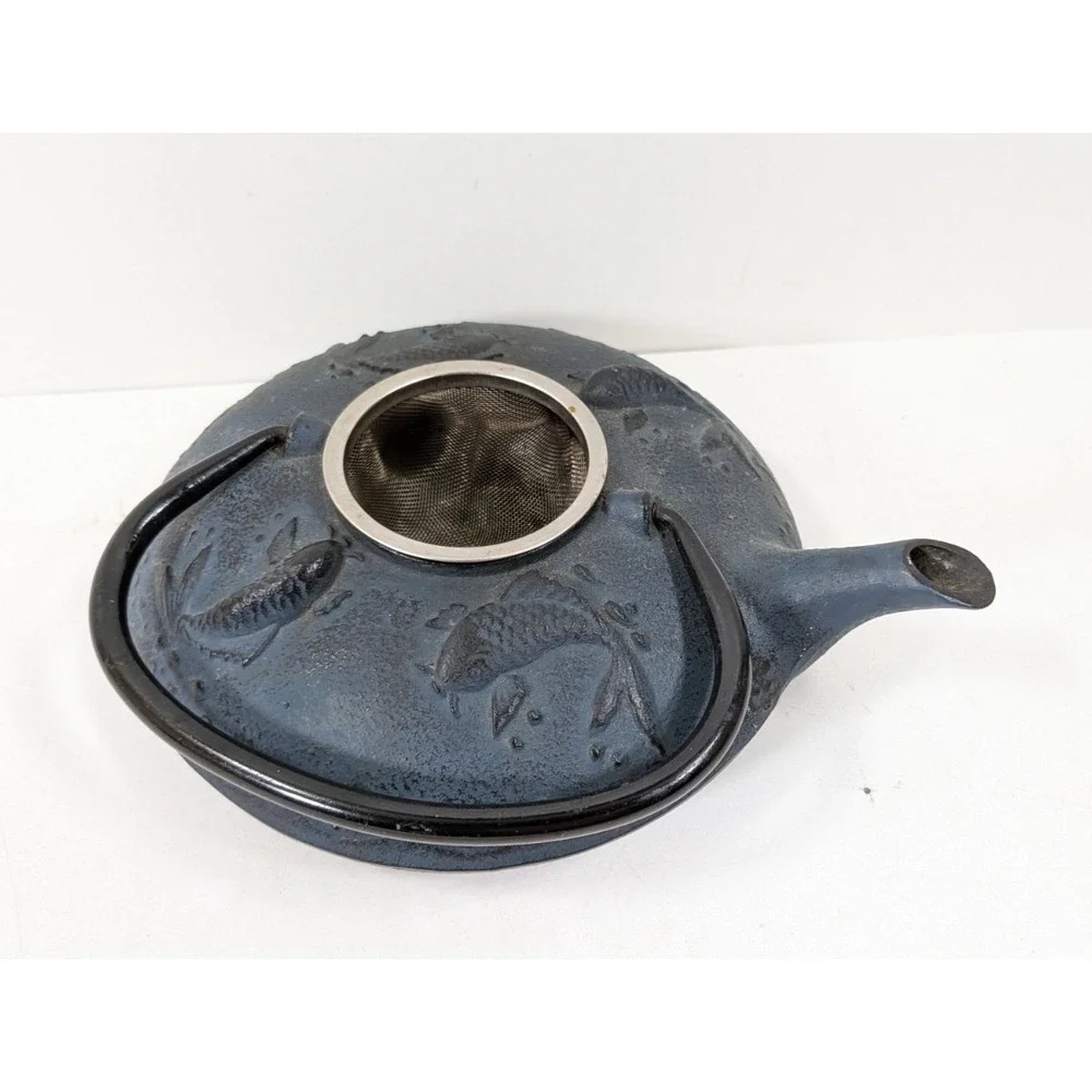 Japanese Vintage 24 Fl Oz Blue Carp Koi Fish Cast Iron Teapot Tetsubin w/ filter